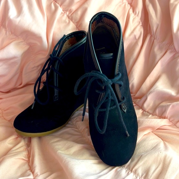 Black Suede Lace Up Wedge Booties - Picture 1 of 5